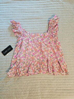 NWT Planet Gold Women's Floral Print Peplum Top Large Sleeveless Crochet Trim